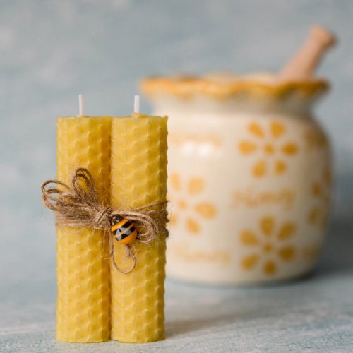 Hand-rolled-Beeswax-Candle-Set-Bee-Decoration1 Hand-rolled Beeswax Candles, Set of 2 (Beeswax colour)