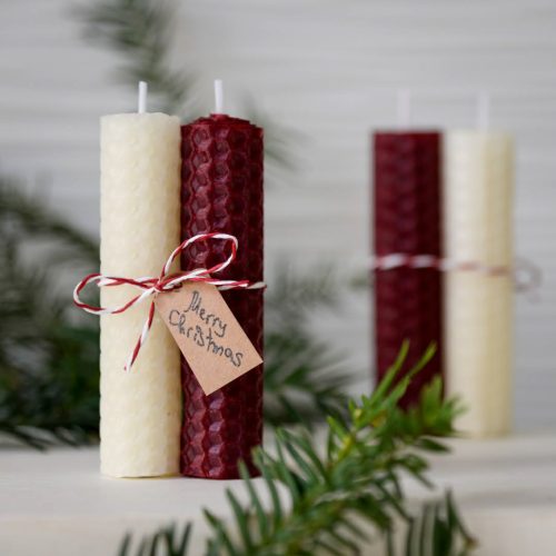Hand-rolled-Beeswax-Candle-Set-Burgundy-Cream1 Hand-rolled Beeswax Candles, Set of 2 (Burgundy & Cream)