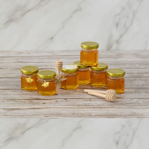 Mini-Hex-Jar-Pure-Raw-Natural-Local-Runny-Honey-Party-Favours-Wooden-Dipper Honey Mini Jars (Party Favours)
