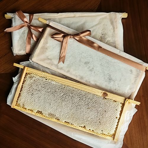Pure-Raw-Natural-Local-Honeycomb-1-Whole-Honey-Frame-Gift-Wrapped-Brown-Ribbon-1 Whole Honeycomb Frame