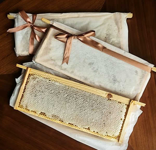 Pure-Raw-Natural-Local-Honeycomb-1-Whole-Honey-Frame-Gift-Wrapped-Brown-Ribbon-1 Whole Honeycomb Frame
